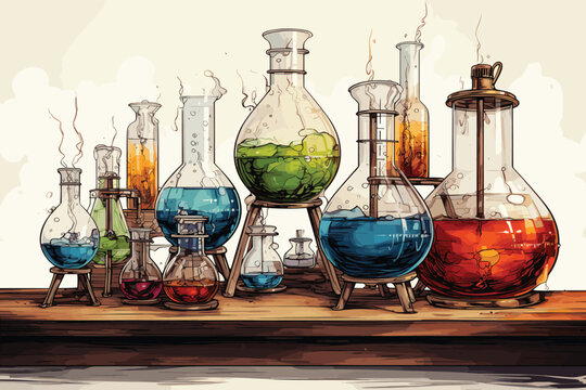 Laboratory, chemical tubes and flasks of different shape and color, 3D illustration