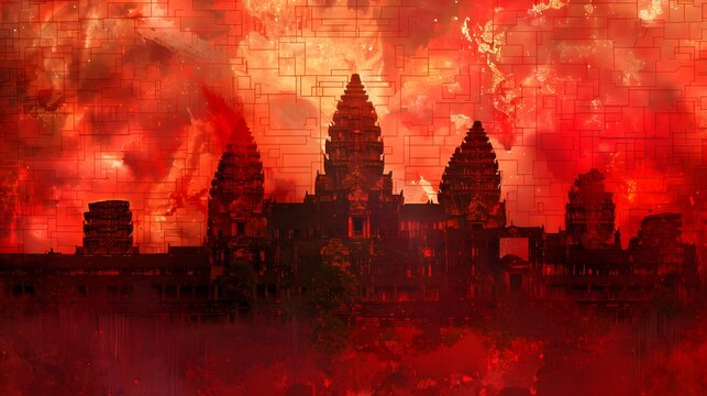 Fiery Red and Black Angkor Wat Glitch Art Wallpaper Background