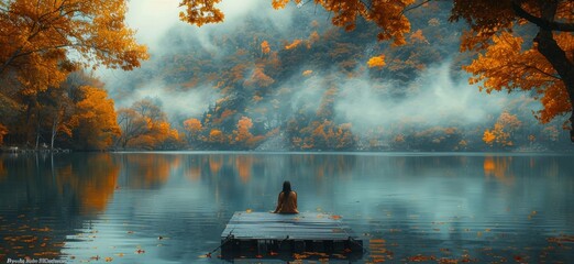 A woman finds solace in the tranquil autumn fog, perched upon a dock overlooking a serene lake, surrounded by trees and a peaceful boat floating in the misty reflection - obrazy, fototapety, plakaty