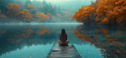 Amidst the serene autumn fog, a woman sits by the tranquil lake, lost in thought as she takes in the stunning reflection of the vibrant trees - obrazy, fototapety, plakaty