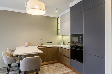 interior kitchen and dining room, refectory area, cooking equipment, table furniture, stove