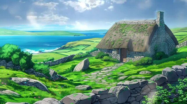 A quaint Irish thatched cottage nestled in the green countryside, with views of rolling hills. Fantasy landscape anime or cartoon style, seamless looping 4k time-lapse video animation background