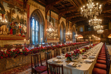 Fototapeta na wymiar Sumptuous Renaissance dining hall adorned with elaborate tapestries.