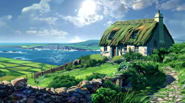 A quaint Irish thatched cottage nestled in the green countryside, with views of rolling hills. Fantasy landscape anime or cartoon style, seamless looping 4k time-lapse video animation background