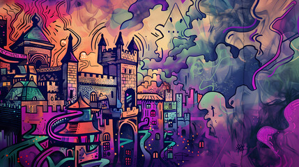 Psychedelic Tower of London Purple and Orange Wallpaper Background