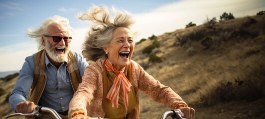 Senior couple riding a bike together on a sunny day in the countryside