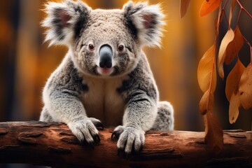 Cute koala sitting on a branch in the autumn forest.