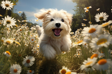 Cute little dog in chamomile field on sunny day