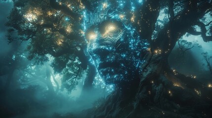 AI entities emerging in a dark enchanted forest bioluminescent tech merging with ancient trees - obrazy, fototapety, plakaty