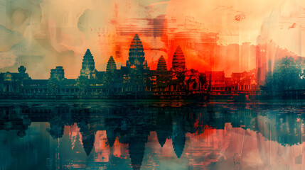 Fototapeta na wymiar Abstract Angkor Wat Temple in Red and Teal Tones Wallpaper Background