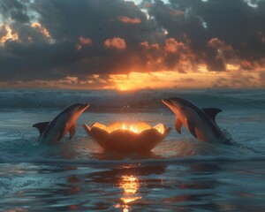 A mystical scene of dolphins circling a glowing pottery piece on the beach at dusk
