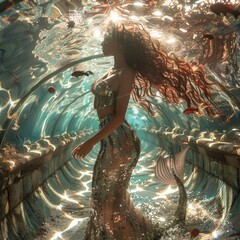 A mermaid emerging from the glistening waves within the aquarium her presence commanding the awe of all spectators as she reveals the hidden wonders of her underwater realm - obrazy, fototapety, plakaty