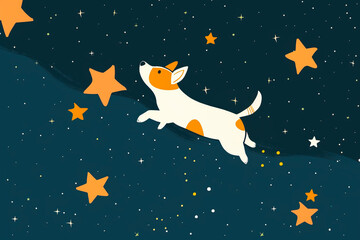 Obraz na płótnie Canvas 2d illustration of a dog in space flying between the stars, dark background
