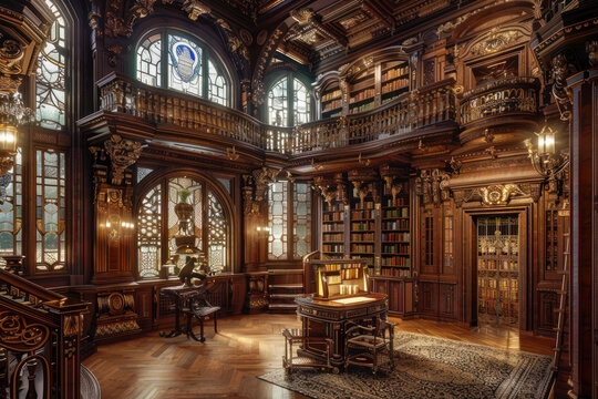 Ornate Renaissance library filled with leather-bound tomes, intricate woodwork.