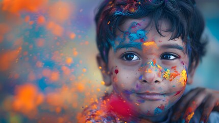 Indian child playing with the color in holi festival - obrazy, fototapety, plakaty