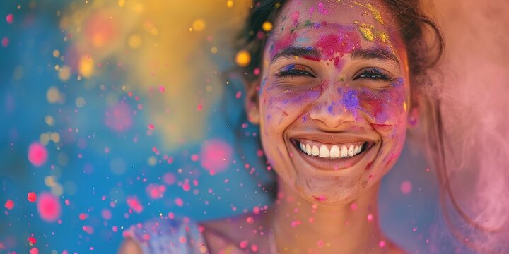 Happy Young Indian woman with colorful Holi powder smiling surrounded by paint particles