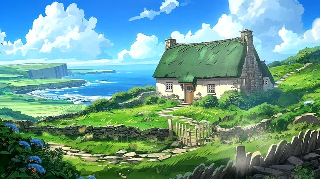 A quaint Irish thatched cottage nestled in the green countryside, with views of rolling hills. Fantasy landscape anime or cartoon style, seamless looping 4k time-lapse video animation background