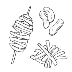 Tornado potato on stick icon. Spiral potato. Fried salt chips fast food. Popular korean street food. French fries and potato chips sketch