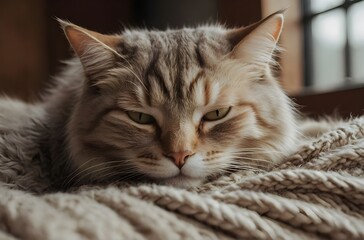 Obraz na płótnie Canvas Calm and Cuddly: A Sleepy Cat’s Relaxing Moment on a Cozy Indoor Retreat, generative AI