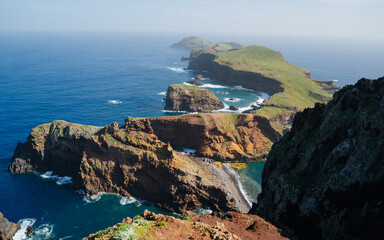 Lighthouse of the Ponta de São Lourenço (tip of St Lawrence) on a desertic islet at the easternmost point of Madeira island (Portugal) in the Atlantic Ocean