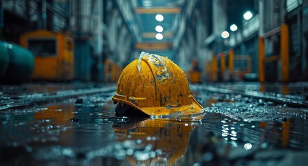 A lone yellow hard hat stands out on a glistening wet floor, symbolizing the resilience of construction workers braving the elements in the bustling city - obrazy, fototapety, plakaty