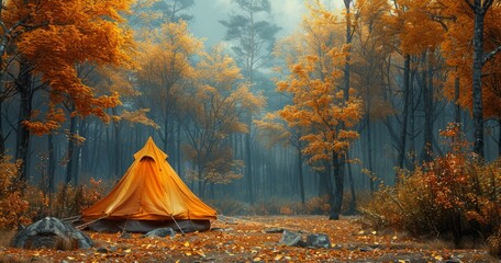 A solitary tent stands among the trees, its canvas blending into the autumn foliage as fog rolls in, creating a serene and picturesque scene of nature and wilderness - obrazy, fototapety, plakaty