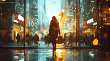 Woman walking automatic glass doors carrying multiple shopping bags urban at shopping mall , seasonal sales or holiday shopping, excitement of fashion, luxury, high-street brands, consumer trends - obrazy, fototapety, plakaty
