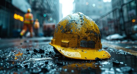 A vibrant yellow hard hat stands out against the dreary, wet city street, serving as a protective headdress for the hardworking individual braving the outdoor elements - obrazy, fototapety, plakaty