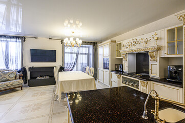 interior kitchen and dining room, refectory area, cooking equipment, table furniture, stove