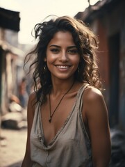 Portrait of smiling hispanic woman on poor slums area background from Generative AI