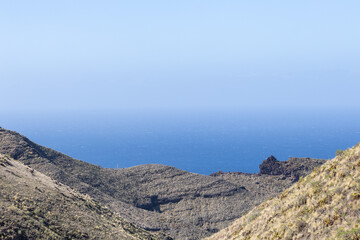 Fototapeta na wymiar Landscape and sea in the hills above Agaete, Puerto de las Nieves, Gran Canaria, Spain.