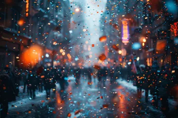  As the rain falls softly on the slick city street, the vibrant lights and sparkling confetti create a whimsical scene, evoking feelings of joy and wonder on this rainy night © Larisa AI