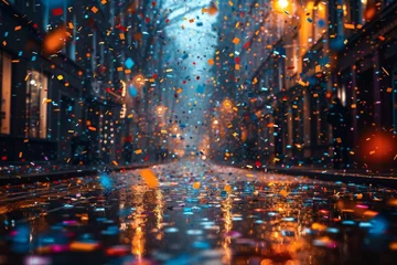  As the city lights reflect off the wet street, confetti falls from above, adding a touch of whimsy to the rainy night © Larisa AI