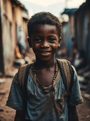 Portrait of smiling young black african kid boy on poor slums area background from Generative AI