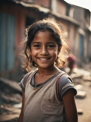 Portrait of smiling young hispanic kid girl on poor slums area background from Generative AI
