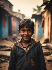 Portrait of smiling young indian kid boy on poor slums area background from Generative AI