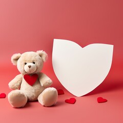 teddy bear with a heart. Cute teddy bear with red heart and blank card on pink background