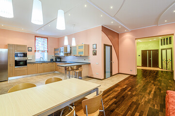 interior kitchen and dining room, refectory area, cooking equipment, table furniture, stove