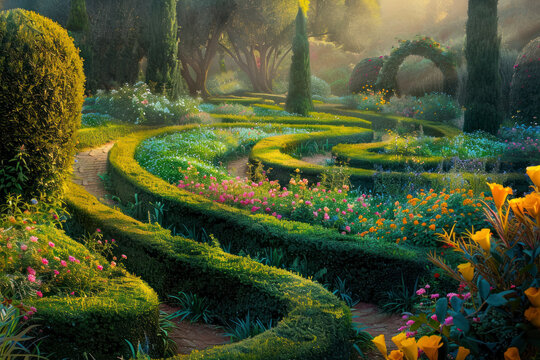 Romantic Renaissance garden with manicured hedges, colorful flower beds, and meandering pathways.