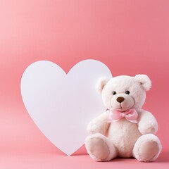 teddy bear with a heart. Cute teddy bear with red heart and blank card on pink background