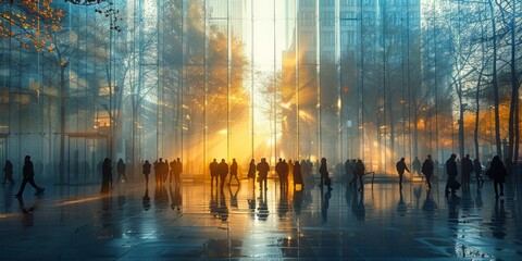 A mesmerizing blend of natural and urban elements, captured in a stunning display of light and reflection as a group strolls through the glass building at sunset