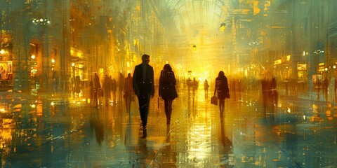 Amidst the gentle pattering of rain, a group of individuals wander through a vast gallery, their movements mirrored in the glossy surfaces of vibrant paintings, drenched in the warm amber glow of out