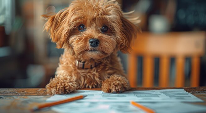 A playful pup surveys the world from atop a cluttered desk, surrounded by colorful pencils and embodying the perfect mix of loveable lapdog and energetic companion
