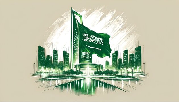 Illustration in sketch style of the building in saudi arabia for flag day celebration.