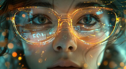 A modern woman with a technological twist, adorned with glasses emitting a captivating aura