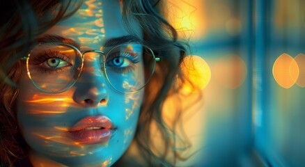 A mesmerizing portrait of a woman with glasses, her face softly illuminated by a warm light, her striking eyes and delicate eyelashes captivating the viewer in a moment of artful beauty