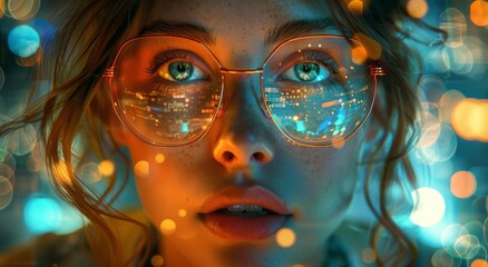 A thoughtful girl with piercing eyes and glasses frames gazes into the light, her portrait revealing the depth of her humanity