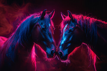 horse in the dark neon pink - obrazy, fototapety, plakaty