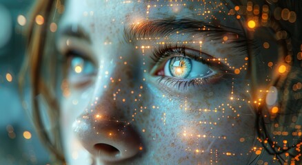 Mesmerizing portrait of a human face, with piercing eyes and a captivating aura of glowing dots, evoking a sense of ethereal beauty and artistic expression