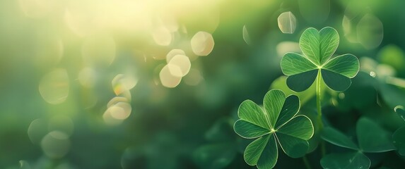 Four-leaf green clover for good luck on St. Patrick's Day, bright green background, holiday concept of spring, plant clover symbol - obrazy, fototapety, plakaty